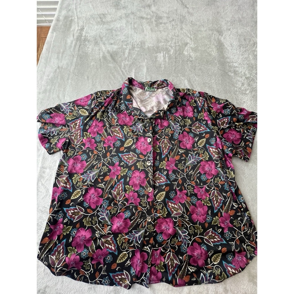 Joanna Womens Blousez Size L Black Pink Floral Button Up Short Sleeve